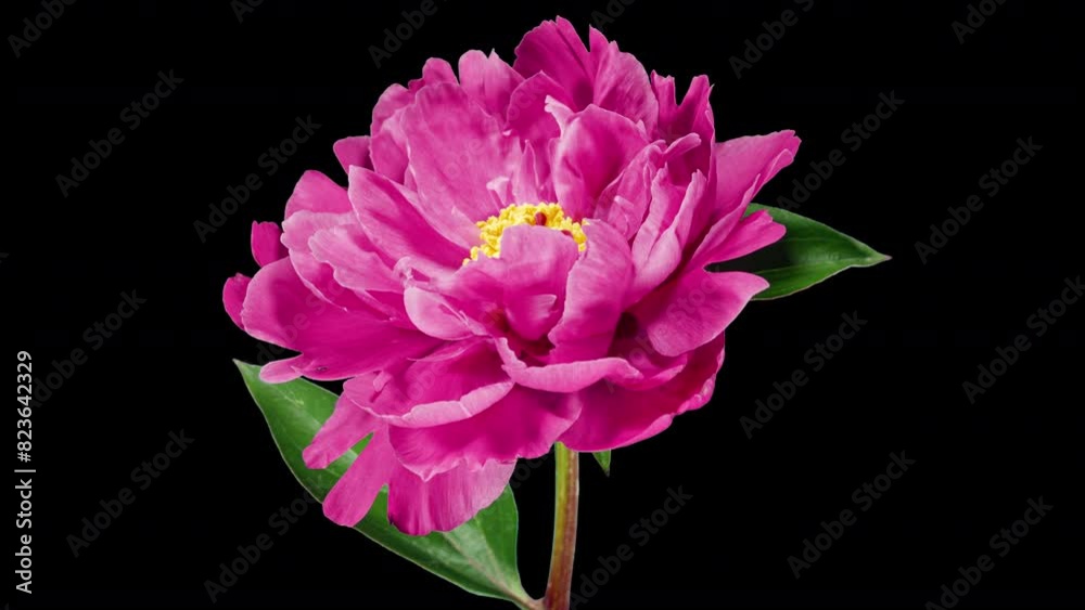 Red Peony Open Flower in Time Lapse on a Black Background. Wedding Concept. Side View on Pink Flower with Yellow Stamens