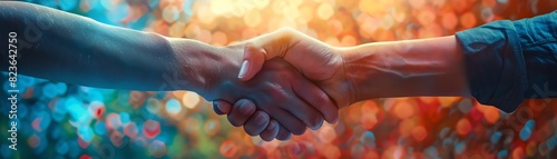 Close-up of a handshake between two people with a vibrant, colorful background symbolizing partnership, agreement, teamwork, or collaboration. photo