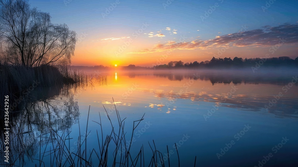 A tranquil lake at sunrise.