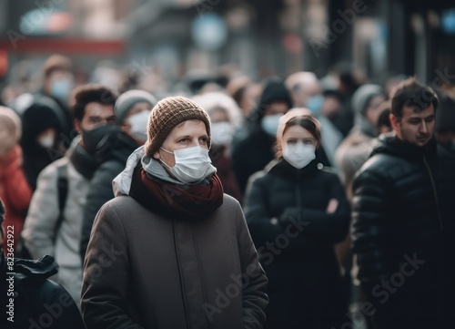 Crowd of People in a Medical Masks During Pandemic. Outdoor. Medical Mask. Pandemic Concept. Healthcare Concept. Epidemic Concept.