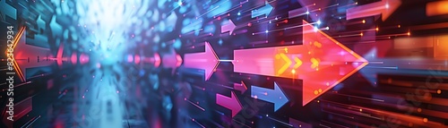 Colorful digital arrows moving forward on a futuristic abstract background, symbolizing speed, progress, and technology innovation.