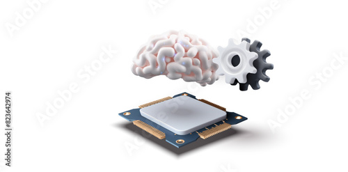 3D illustration of a computer processor with a brain and a gear hovering above it, symbolizing artificial intelligence and machine learning. Perfect for tech and innovation-related content. Vector