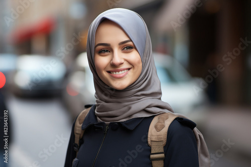 Arabian woman in hijab living her life in modern city have shopping working traveling abilities, Generative AI