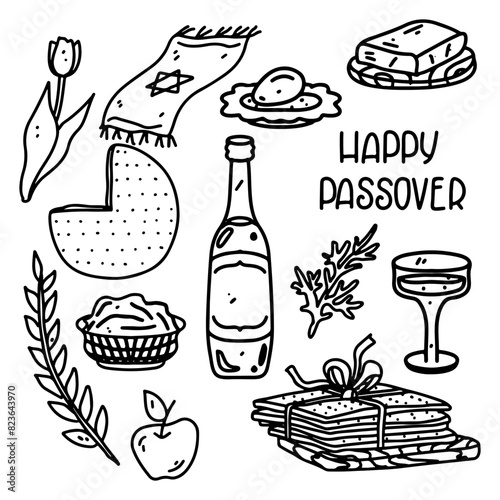 Great Holiday - Happy Passover elements in hand drawn doodle style. Jewish Holiday set isolated on white background.