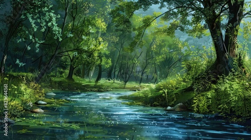 A tranquil river flowing through a green forest.