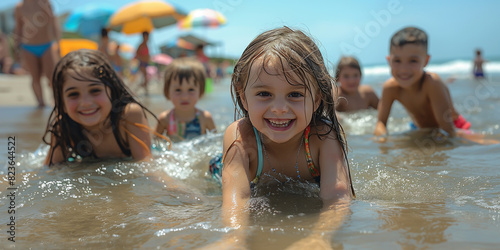 happy little girl playing in blue sea and swimming  summer holiday and vacations concept 