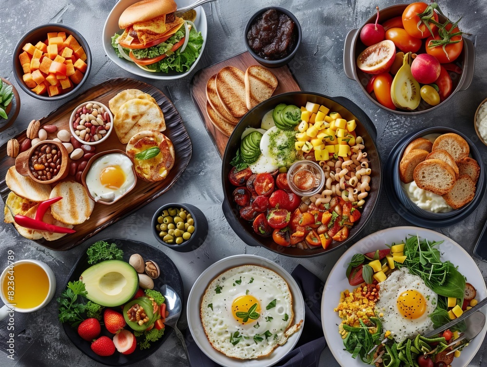 Flat lay of a breakfast table, vibrant, organized, colorful, appetizing, neat, filled with various dishes, High resolution. Flat lay of a breakfast table, vibrant, organized, colorful, appetizing, neat, filled with various dishes, High resolution.