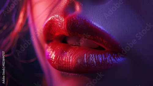 Detailed close-up of kissable lips, natural, moist, delicate, tempting, and expressive, emphasizing the lip contour and color concept, High resolution.