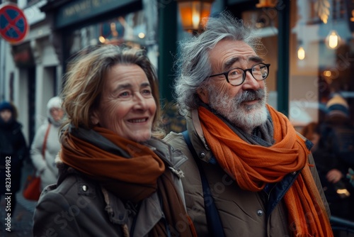 Portrait of a smiling senior couple on the street in Paris.