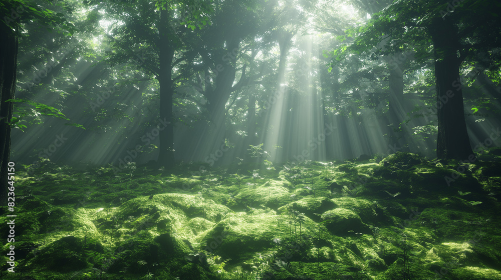Fototapeta premium sun rays in the forest with natural beauty 