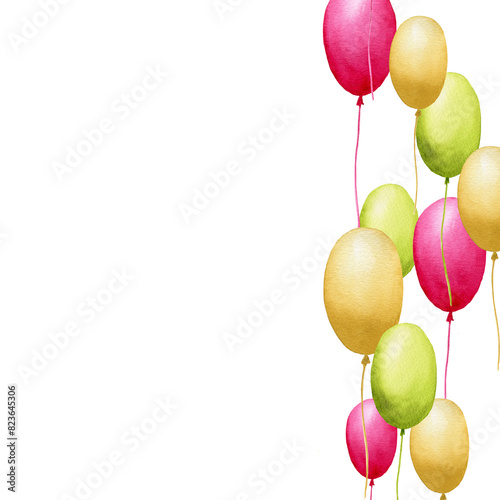 Photography Watercolor happy birthday postcard with hand painted air balloons isolated on white background