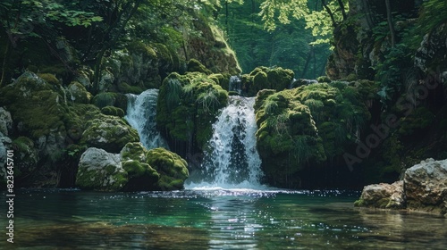 A tranquil waterfall surrounded by moss-covered rocks in a peaceful forest.