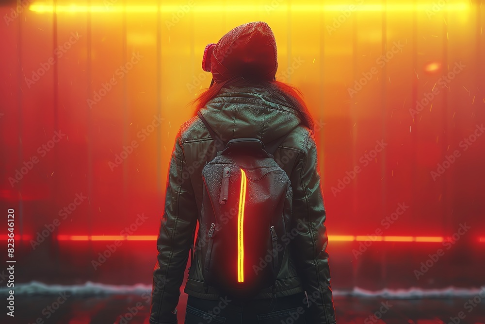 A lone figure stands in front of a glowing orange wall, backlit by a neon sign. A lone figure stands in front of a glowing orange wall, backlit by a neon sign.