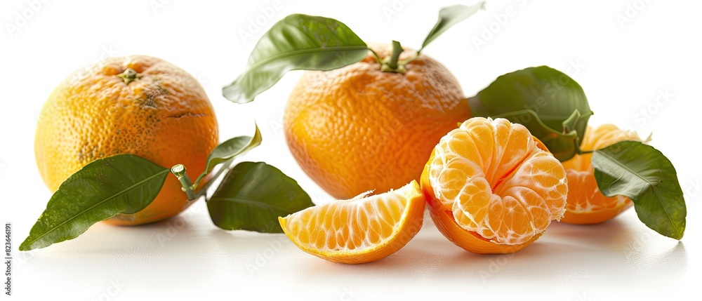 Tangerine with green leaves and one peeled to show the segments, on a white background