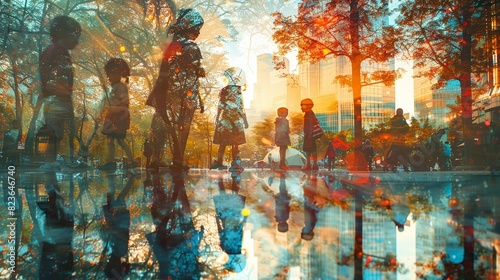 A group of people are walking in a park with a city in the background