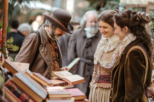 A historical reenactment at a themed book fair, participants in period costumes, antique books and decorations, authentic and immersive, cinematic