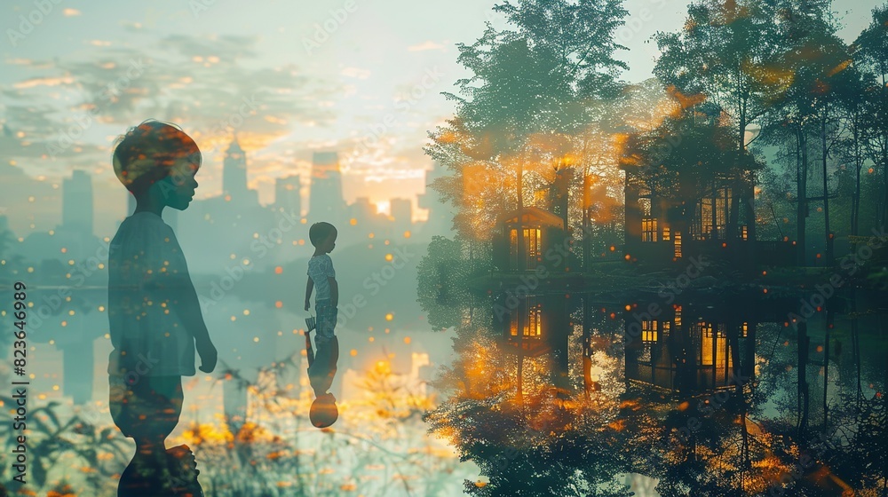 A boy and a girl are standing in front of a house with a lake in the background A boy and a girl are standing in front of a house with a lake in the background