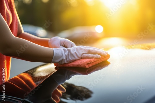 Professional hand car cleaning and detailing service at sunset using microfiber cloth, waxing, and polishing for meticulous vehicle maintenance and a radiant shine in the warm, golden hour sunlight photo