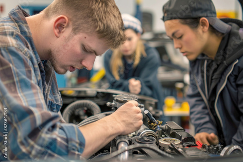 An automotive repair training session, students learning to fix a car engine, detailed tools and car parts.