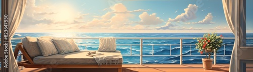 A serene scene of a private cabana on the deck of a luxury cruise ship, with a couple relaxing and enjoying the ocean breeze