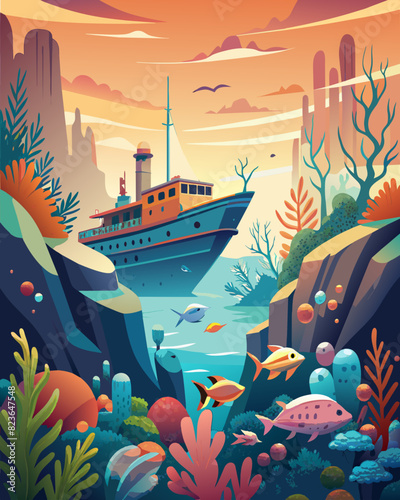 Enchanting Underwater Seascape with Vibrant Marine Life and Vintage Ship. Vector illustration for World maritime day