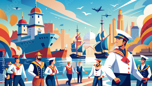 Colorful Port Scene with Diverse Sailors and Modern Ships Illustration. Vector illustration for World maritime day photo