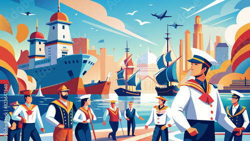 Colorful Port Scene with Diverse Sailors and Modern Ships Illustration. Vector illustration for World maritime day