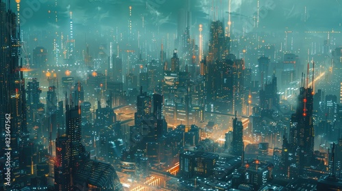 A vast  alien cityscape stretching out into the horizon  with strange  towering structures and glowing lights.