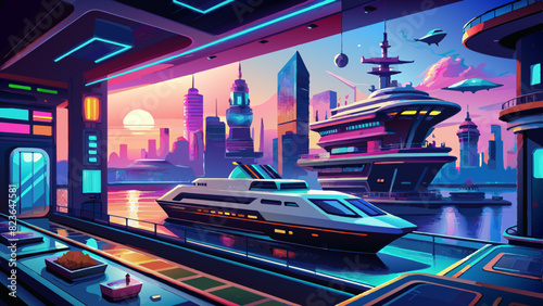 Futuristic Cityscape with Hovering Vehicles at Twilight. Vector illustration for World maritime day