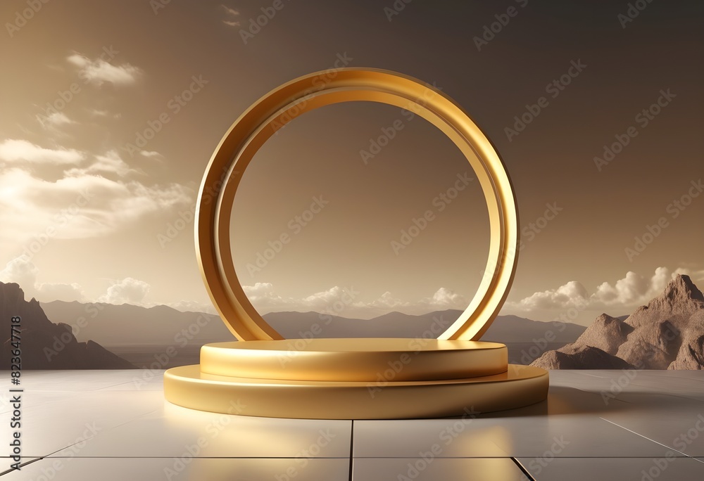 A glamorous golden product display stand with a circular backdrop, against a scenic mountain landscape with billowing clouds and a golden sky. A glamorous golden product display stand with a circular backdrop, against a scenic mountain landscape with billowing clouds and a golden sky.