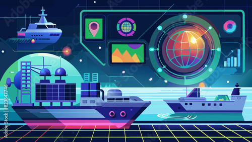 Futuristic Naval Command Center with Advanced Vessel Monitoring. Vector illustration for World maritime day