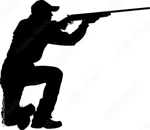 hunter shoots his gun, silhouette on white background. AI generated illustration.