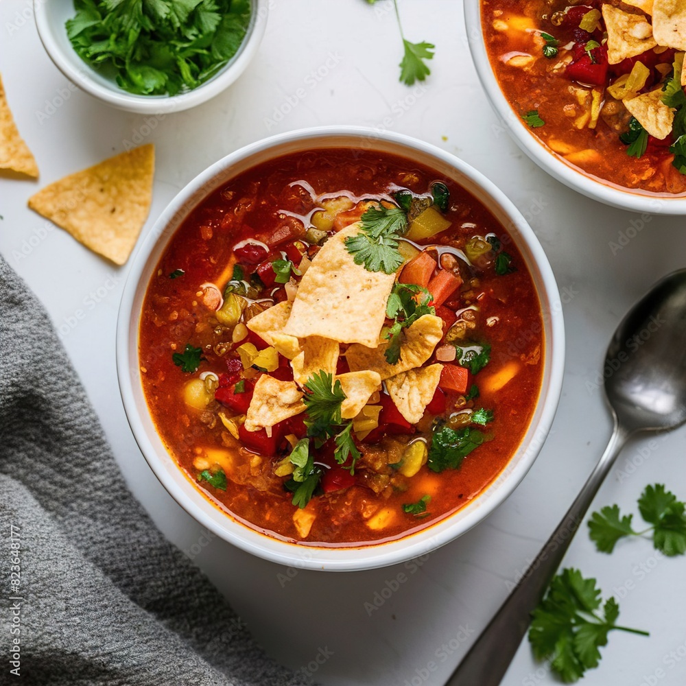 Taco Soup in small white bowl with crushed tortilla chips Taco Soup in small white bowl with crushed tortilla chips