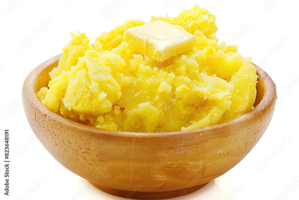 Bowl of creamy mashed potatoes with a pat of butter on a white background Bowl of creamy mashed potatoes with a pat of butter on a white background