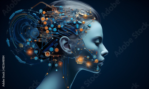 A female head with several computer circuits inside, symbolizing the integration of artificial intelligence, in the style of detailed science fiction illustrations in dark cyan and orange.