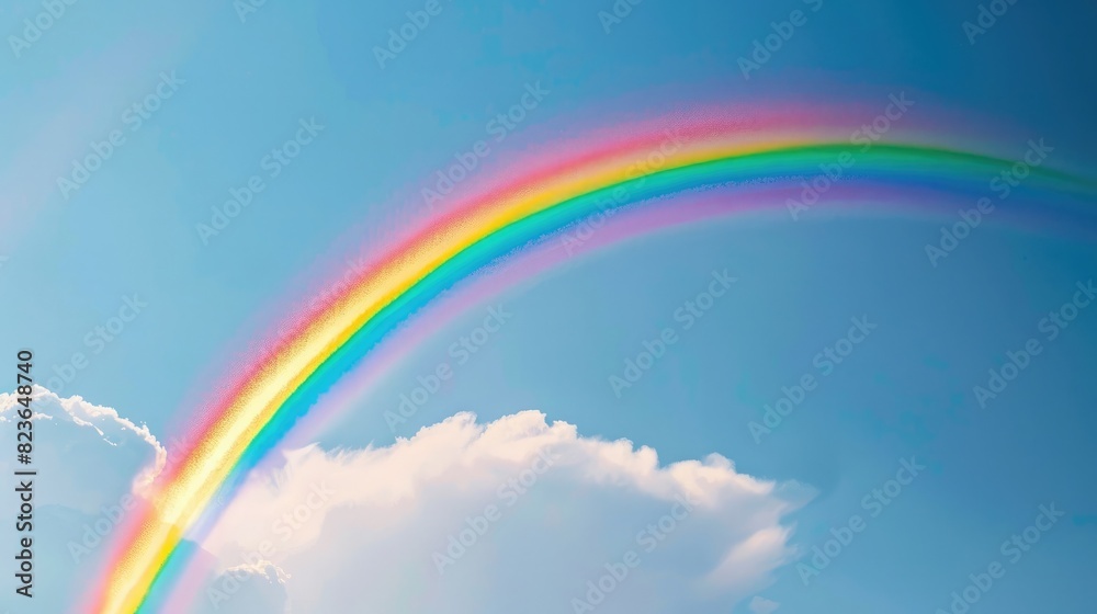 A vibrant rainbow stretching across a clear sky after a summer rain.