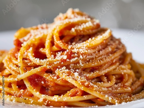 A gourmet serving of spaghetti topped with fresh tomato chunks and a basil leaf, elegantly presented in a white dish. photo