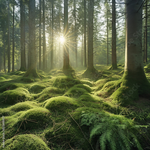 Sun shines through light spruce forest, soil overgrown with moss and fern, mountain range Deister, Lower Saxony Highlands, Niedersachsen, Germany, Europe