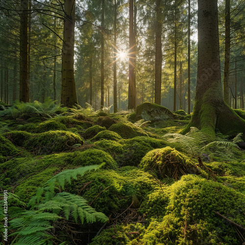 Sun shines through light spruce forest, soil overgrown with moss and fern, mountain range Deister, Lower Saxony Highlands, Niedersachsen, Germany, Europe