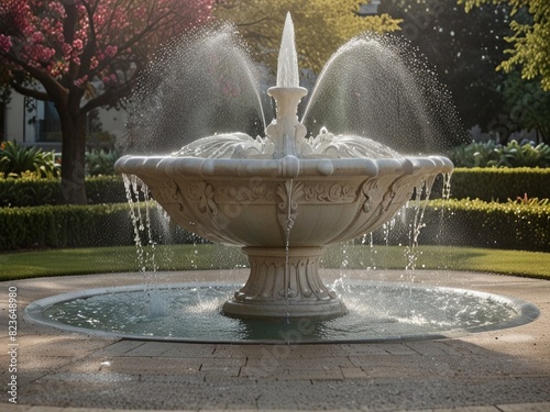 A beautiful round fountain in the park.