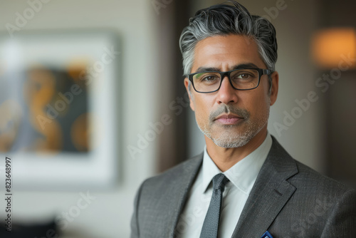 portrait of a mature businessman with mixed grey black hair wearing glasses and a suit for professional leadership concepts