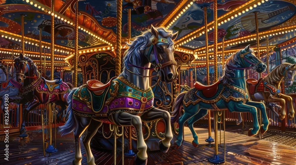 A vintage carousel with brightly painted horses and calliope music playing in the background.