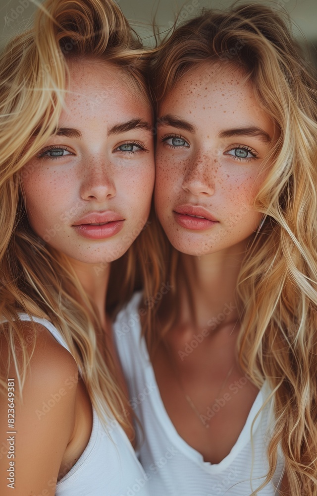 Blonde girls in white T-shirts take a selfie together outside, enjoying a sunny day