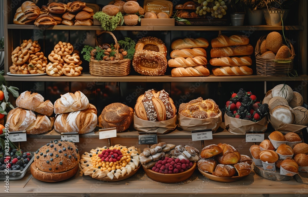 Bakery showcasing an array of fresh breads with prominent signage Bakery showcasing an array of fresh breads with prominent signage