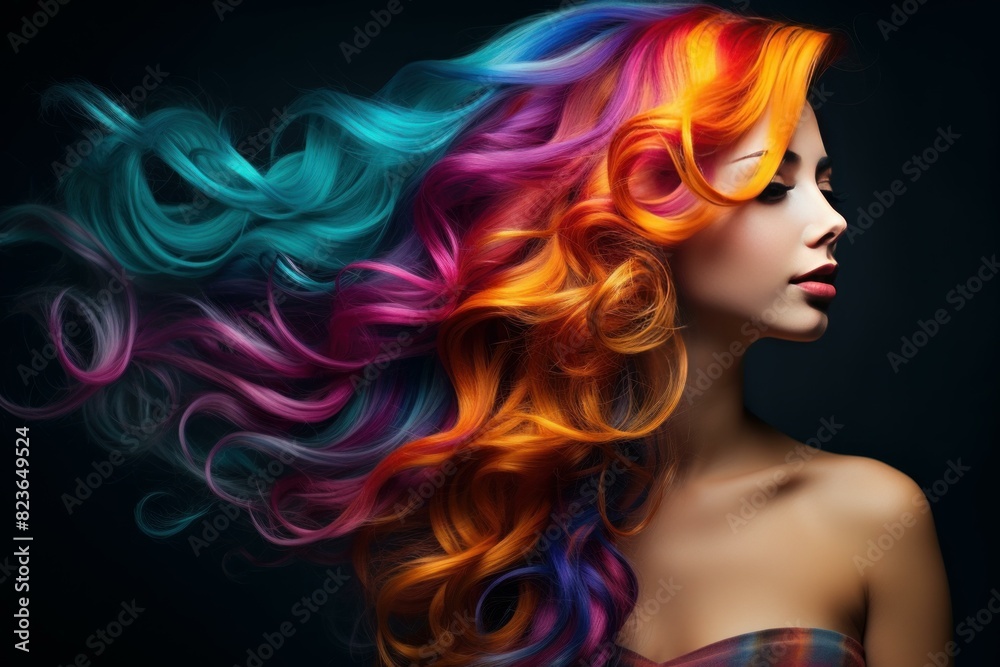 Profile of a young woman with colorful rainbow dyed hair flowing beautifully