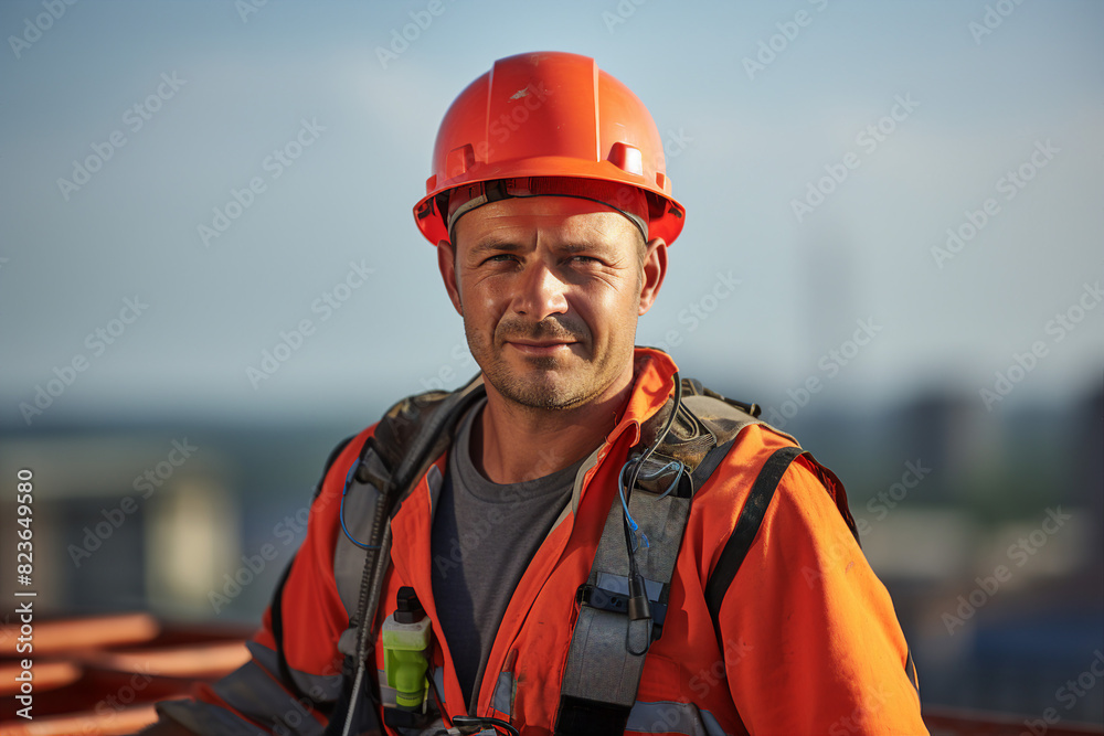 Generative AI picture Portrait of construction worker wearing a protective safety uniform clothes helmet at big building Generative AI picture Portrait of construction worker wearing a protective safety uniform clothes helmet at big building