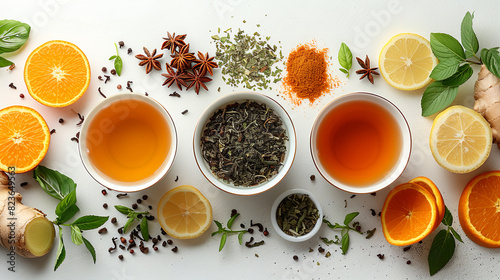 cups of delicious ginger tea and ingredients on a white background, top view