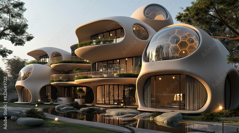 Fototapeta premium A Modern Minimalist Beige Dome-Shaped Building And Green Environment.