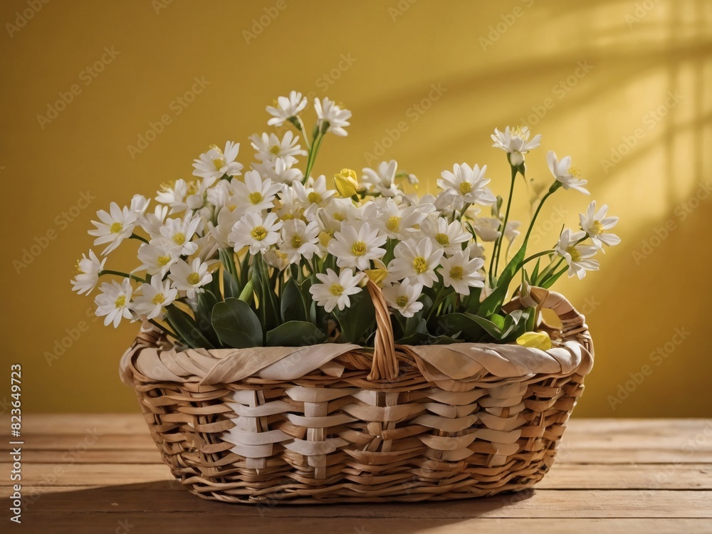 Sunny spring scene featuring white flowers arranged in a wooden basket on a yellow backdrop