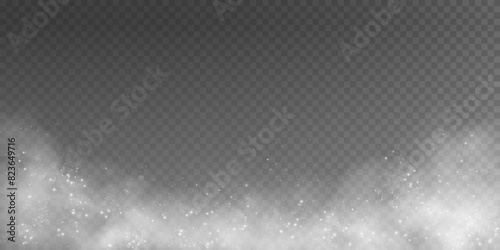 Fantastic smoke background. Magic smoke with glitter and small particles of twinkling stars, fog with glowing particles, gray vapor with stardust. Vector illustration.	